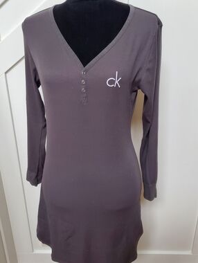 Calvin Klein Long Sleeve V-Neck Nightshirt in Charcoal